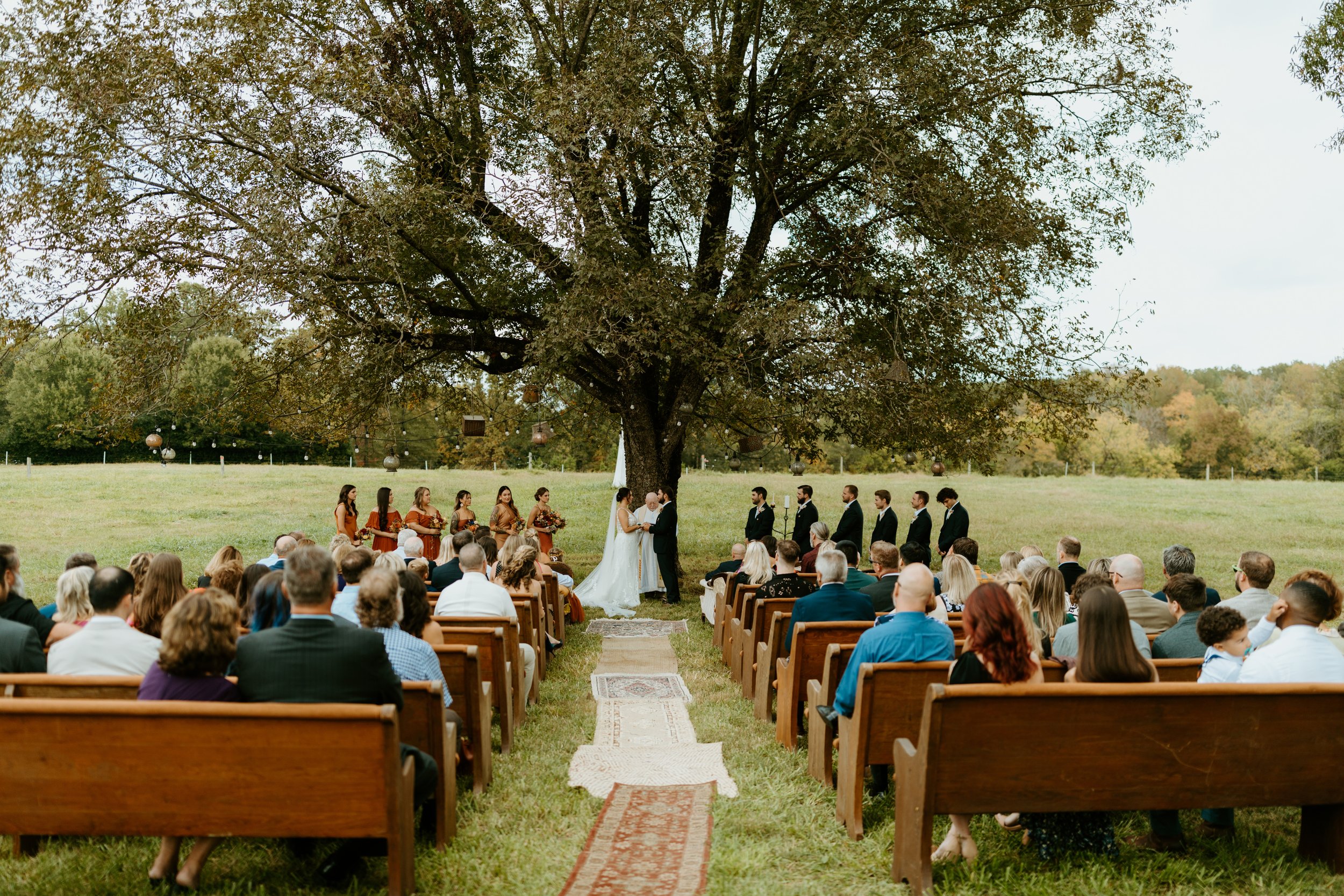 Outdoor wedding ceremony under a large tree, featuring a bride and groom exchanging vows, surrounded by bridesmaids in red dresses and groomsmen in black suits, with guests seated on wooden benches in a scenic field.