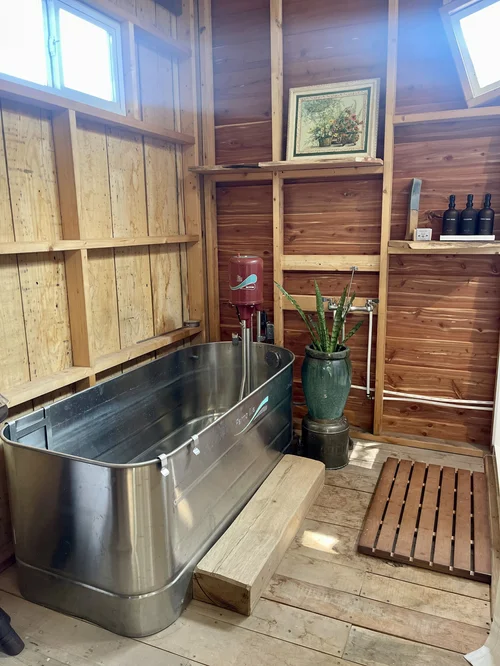 Modern bathroom featuring a stainless steel soaking tub, wooden flooring, and natural decor elements, including a potted plant and wall art, set in a rustic wooden interior.